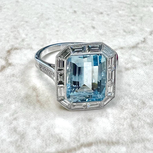 Art Deco Style Handcrafted Platinum Halo Aquamarine Engagement Ring - WeilJewelry