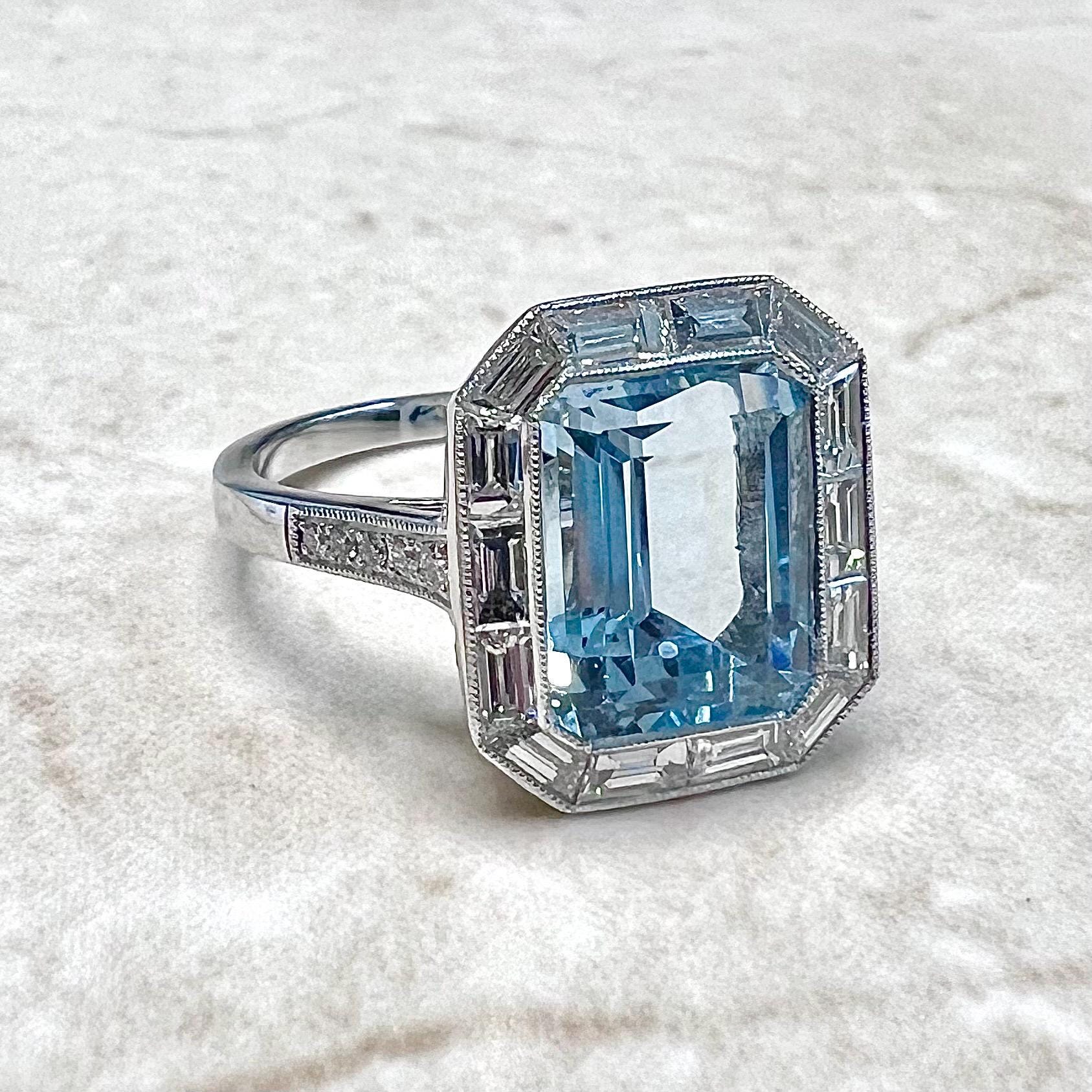 Art Deco Style Handcrafted Platinum Halo Aquamarine Engagement Ring - WeilJewelry