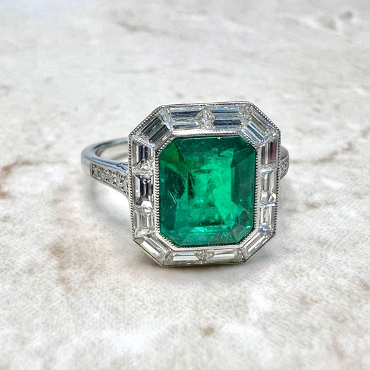 Art Deco Style Handcrafted Platinum Halo Emerald Engagement Ring - WeilJewelry