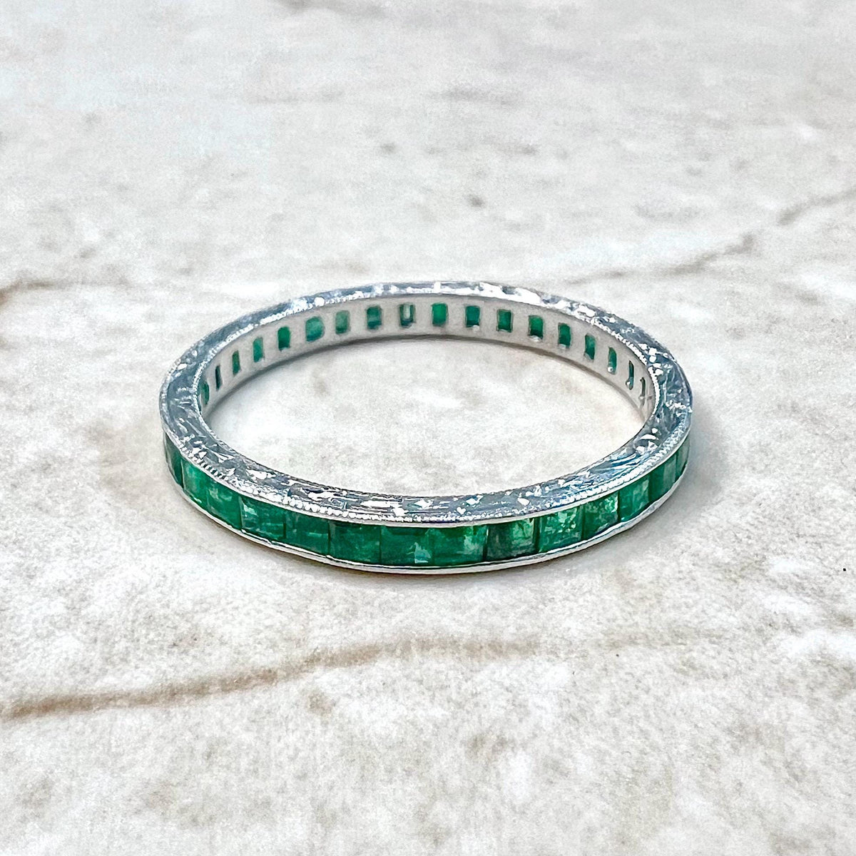 Art Deco Style Handcrafted Platinum Natural Emerald Eternity Band
