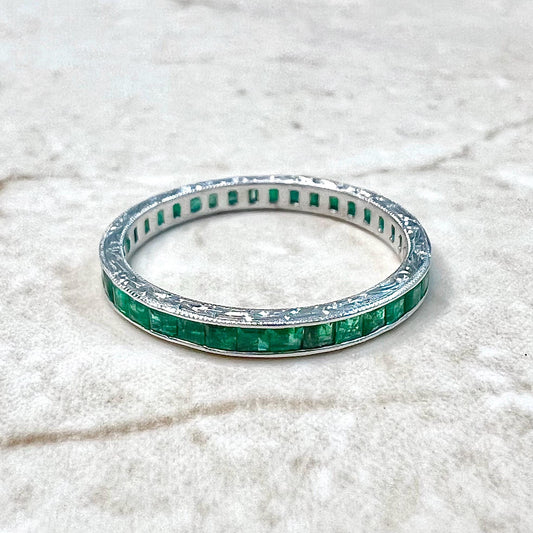 Art Deco Style Handcrafted Platinum Natural Emerald Eternity Band Ring - WeilJewelry