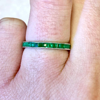 Art Deco Style Handcrafted Platinum Natural Emerald Eternity Band Ring - WeilJewelry