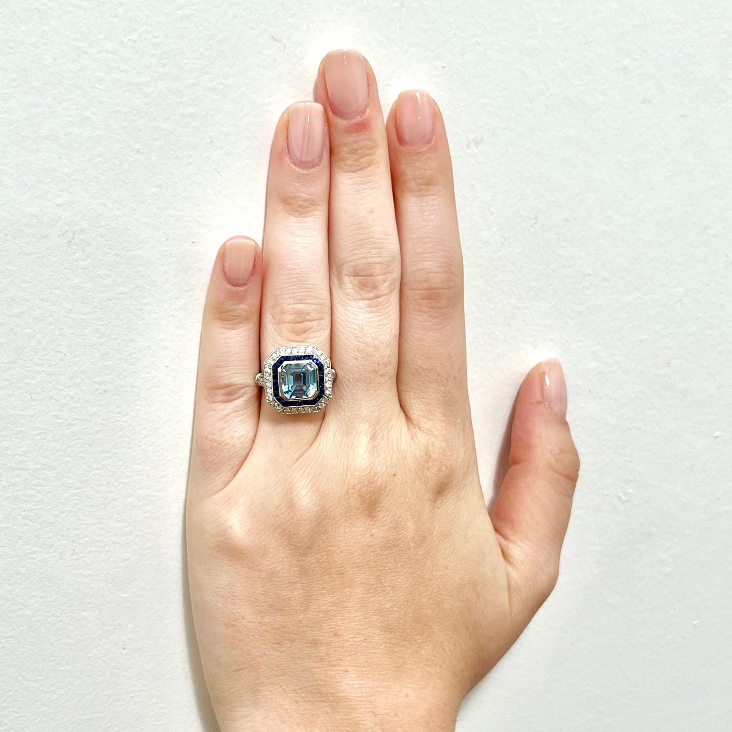 Art Deco Style Handcrafted Platinum Sapphire, Diamond & Aquamarine Double Halo Ring - WeilJewelry