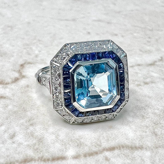 Art Deco Style Handcrafted Platinum Sapphire, Diamond & Aquamarine Double Halo Ring - WeilJewelry