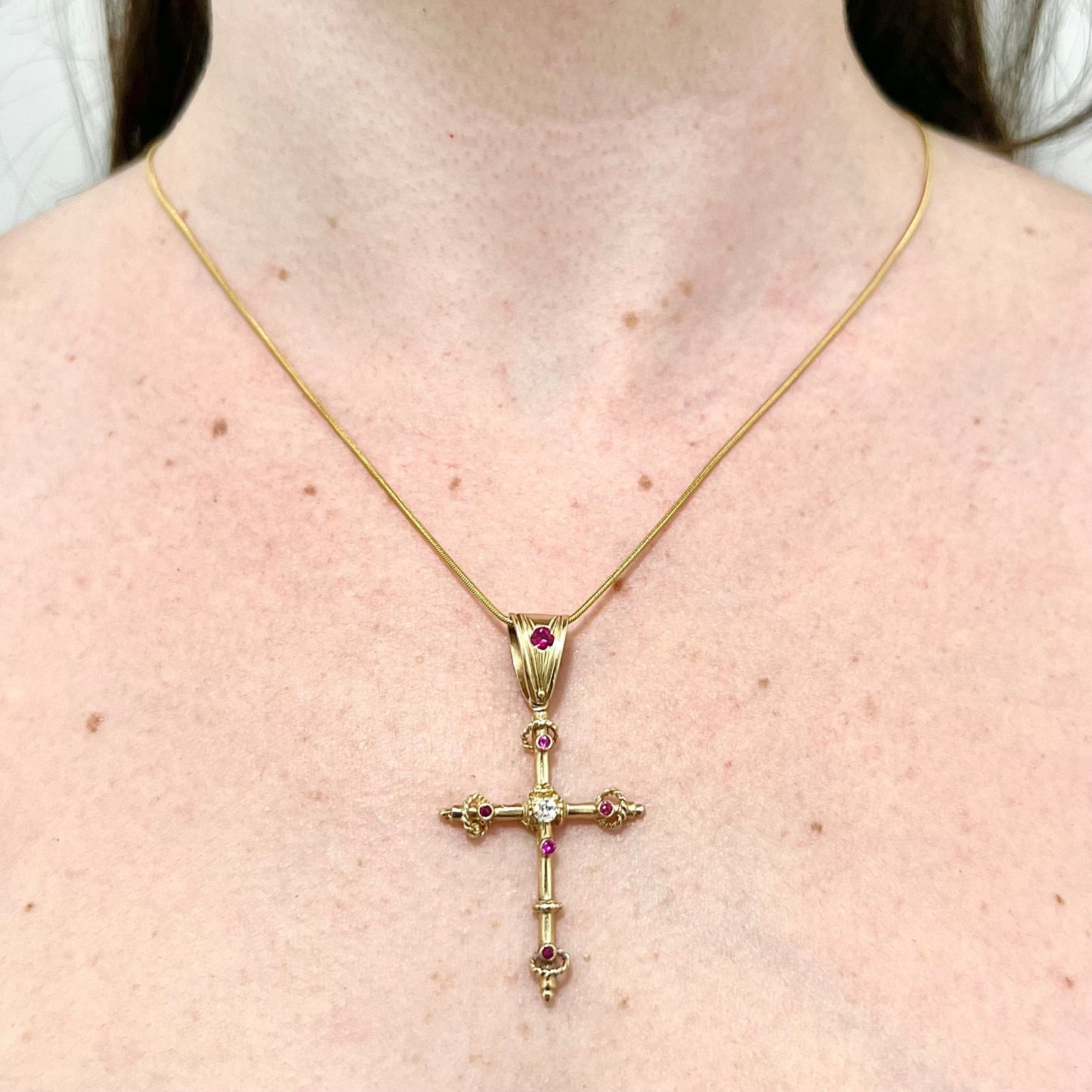 CLEARANCE 40% OFF - Vintage 1950’s 14 Karat Yellow Gold Synthetic Ruby & Diamond Cross Pendant - WeilJewelry