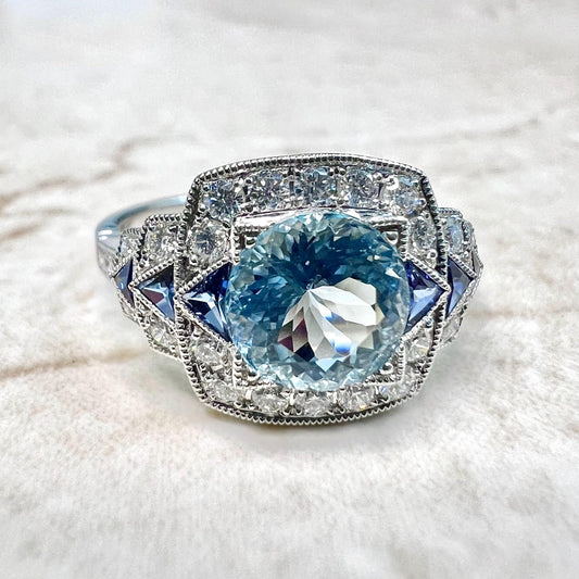 Fine Art Deco Style Handcrafted Platinum Diamond, Sapphire & Aquamarine Ring - WeilJewelry