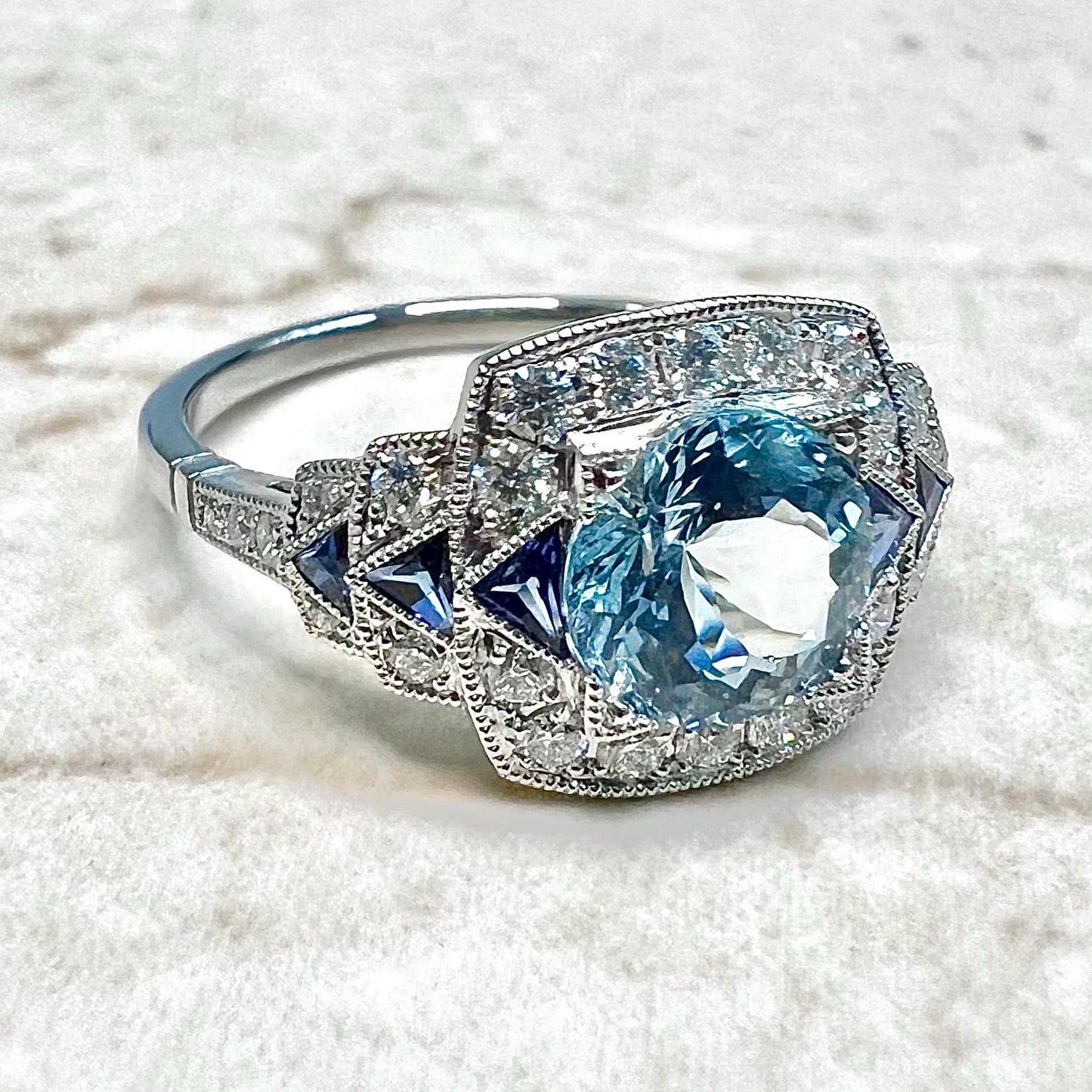 Fine Art Deco Style Handcrafted Platinum Diamond, Sapphire & Aquamarine Ring - WeilJewelry