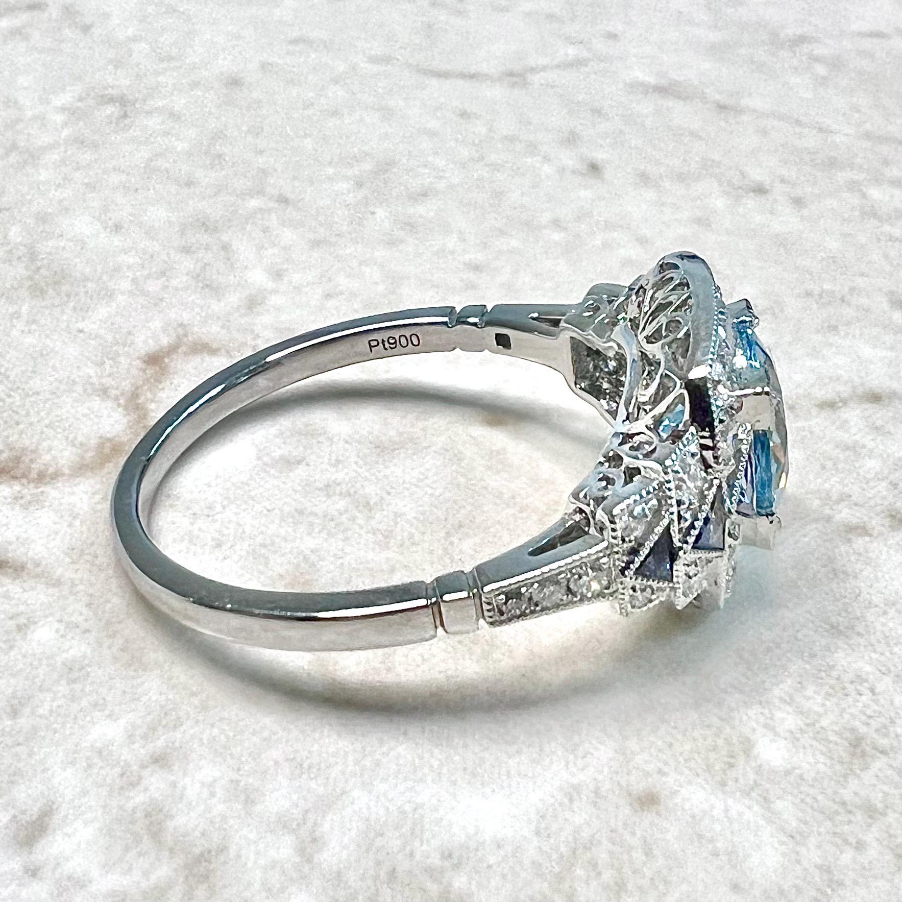 Fine Art Deco Style Handcrafted Platinum Diamond, Sapphire & Aquamarine Ring - WeilJewelry