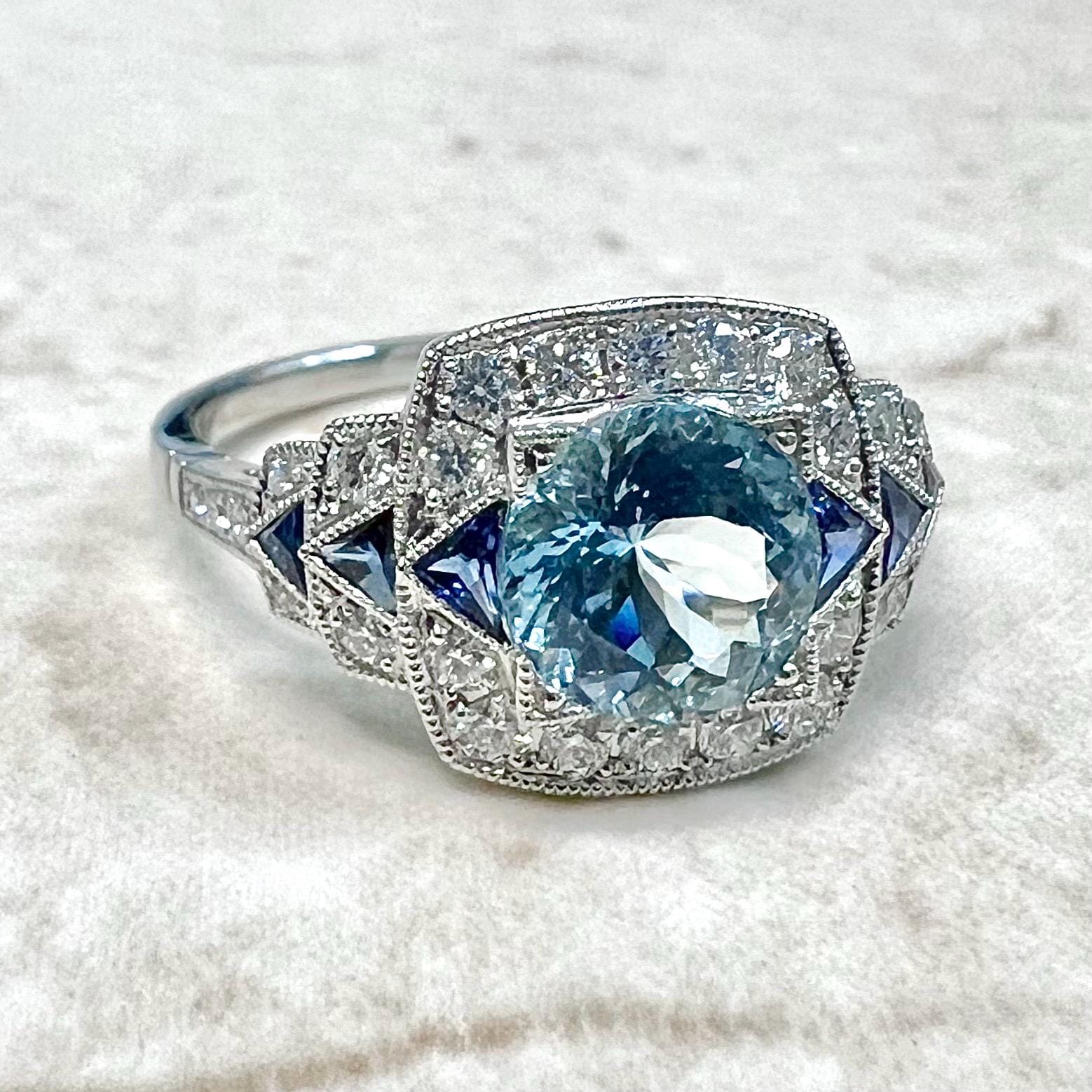 Fine Art Deco Style Handcrafted Platinum Diamond, Sapphire & Aquamarine Ring - WeilJewelry