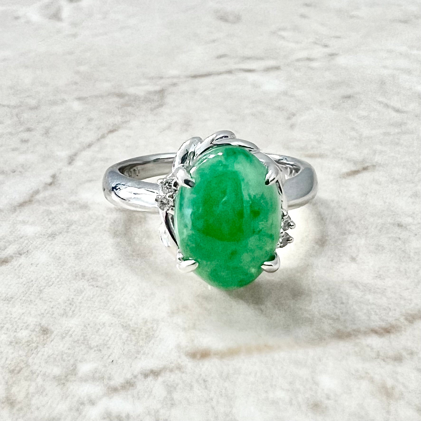 Fine Estate Platinum Natural 2.74 Carats Green Jadeite & Diamond Ring - WeilJewelry