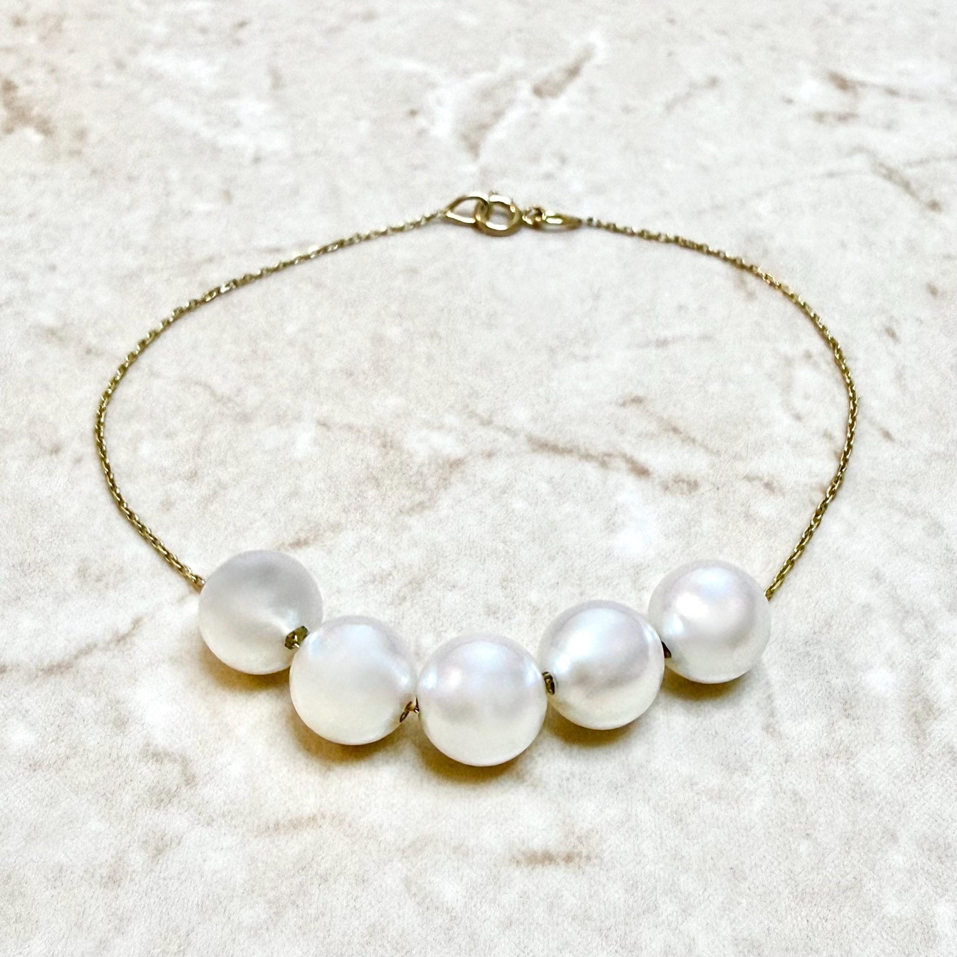 Fine Solid 18K Yellow Gold White Pearl Chain Bracelet - WeilJewelry
