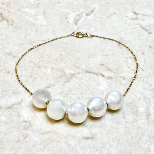 Fine Solid 18K Yellow Gold White Pearl Chain Bracelet - WeilJewelry