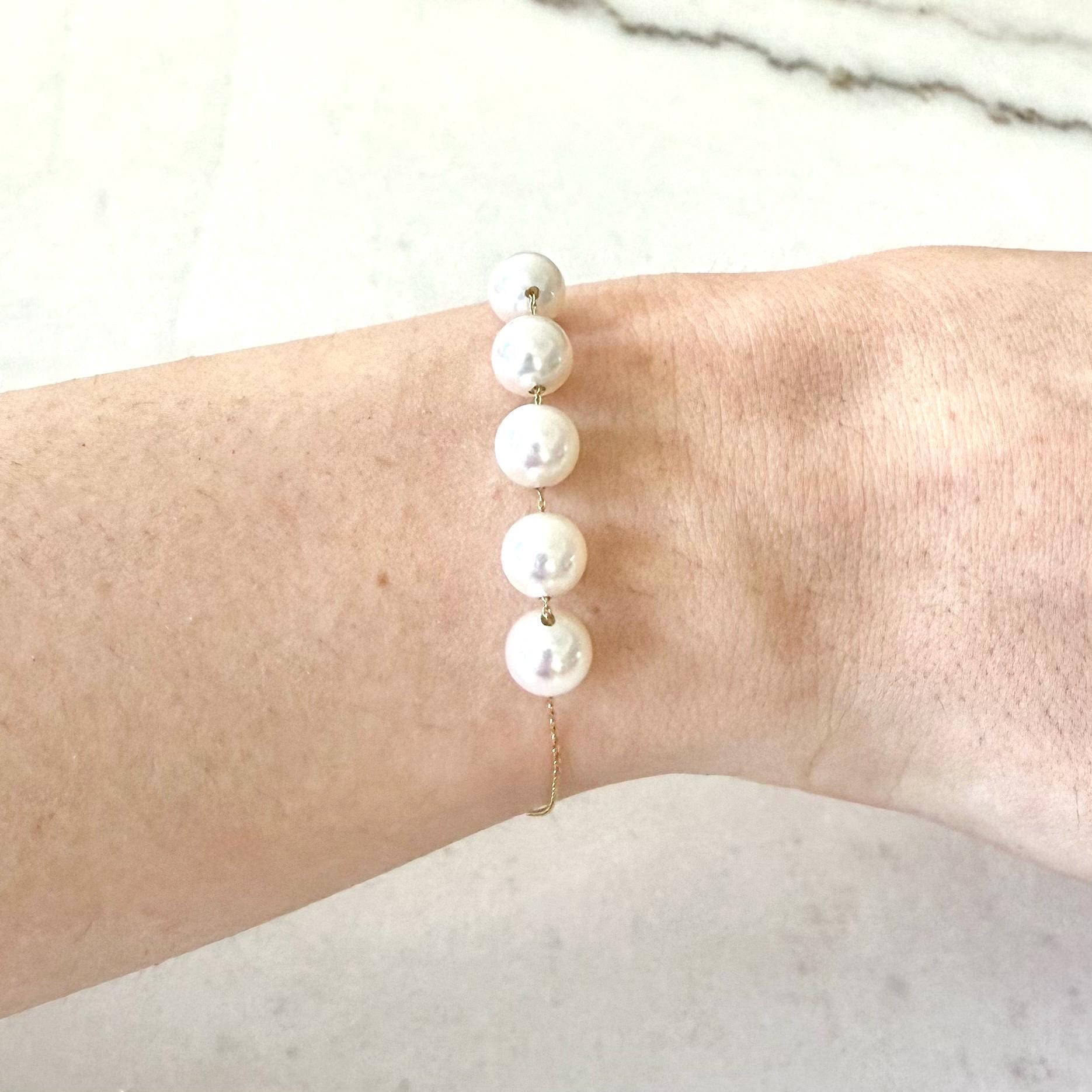 Fine Solid 18K Yellow Gold White Pearl Chain Bracelet - WeilJewelry