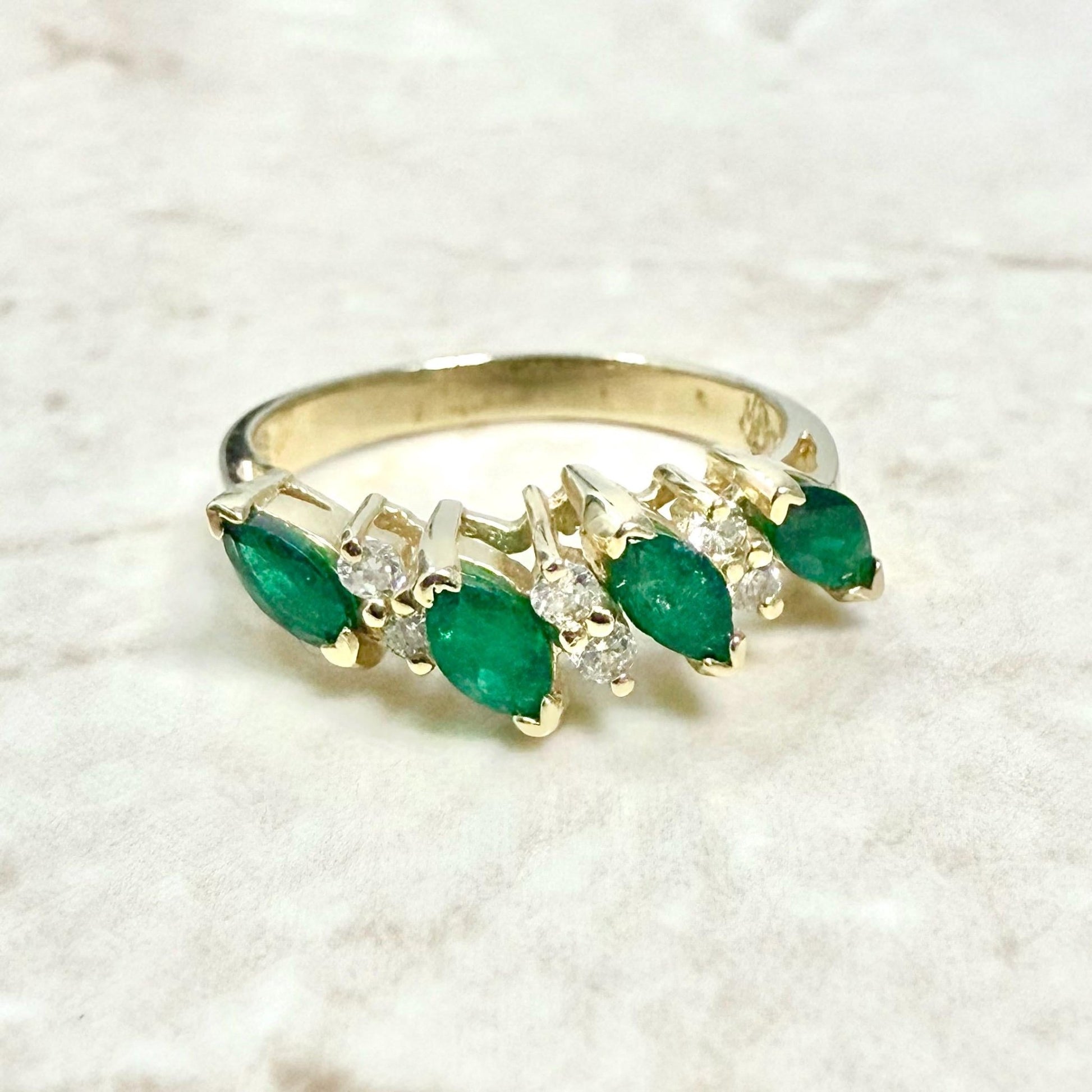 Fine Vintage 14 Karat Yellow Gold Diamond & Natural Emerald Band Ring - WeilJewelry