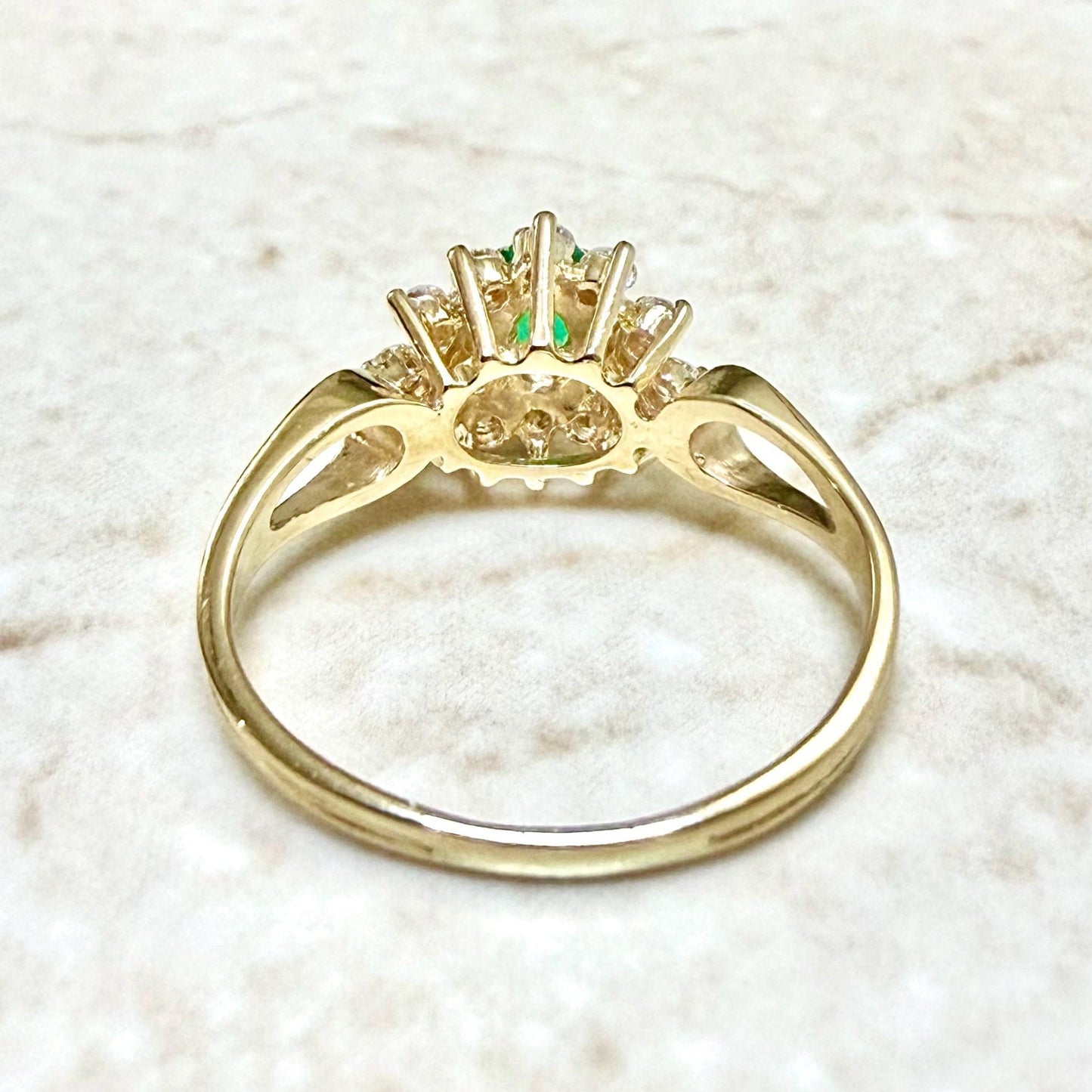 Fine Vintage 14K Yellow Gold Natural Emerald & Diamond Halo Ring - WeilJewelry