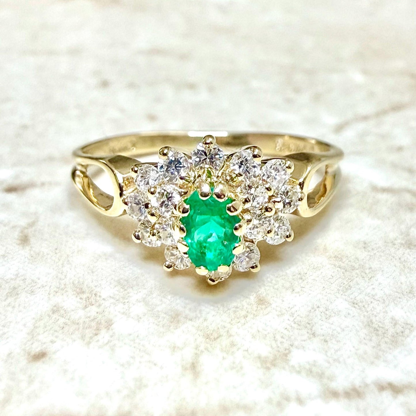 Fine Vintage 14K Yellow Gold Natural Emerald & Diamond Halo Ring - WeilJewelry