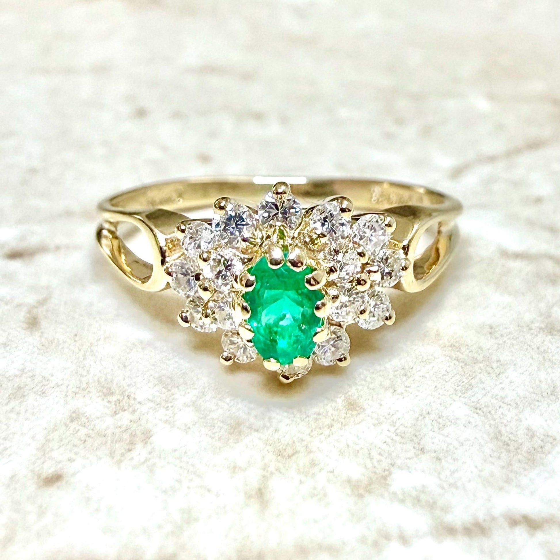 Fine Vintage 14K Yellow Gold Natural Emerald & Diamond Halo Ring - WeilJewelry
