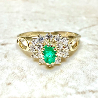 Fine Vintage 14K Yellow Gold Natural Emerald & Diamond Halo Ring - WeilJewelry