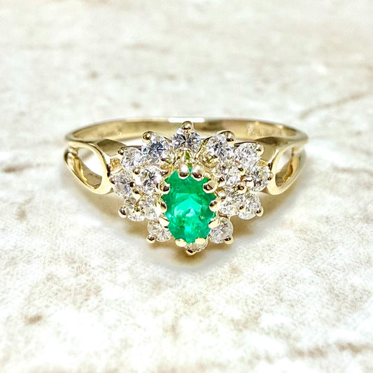 Fine Vintage 14K Yellow Gold Natural Emerald & Diamond Halo Ring - WeilJewelry