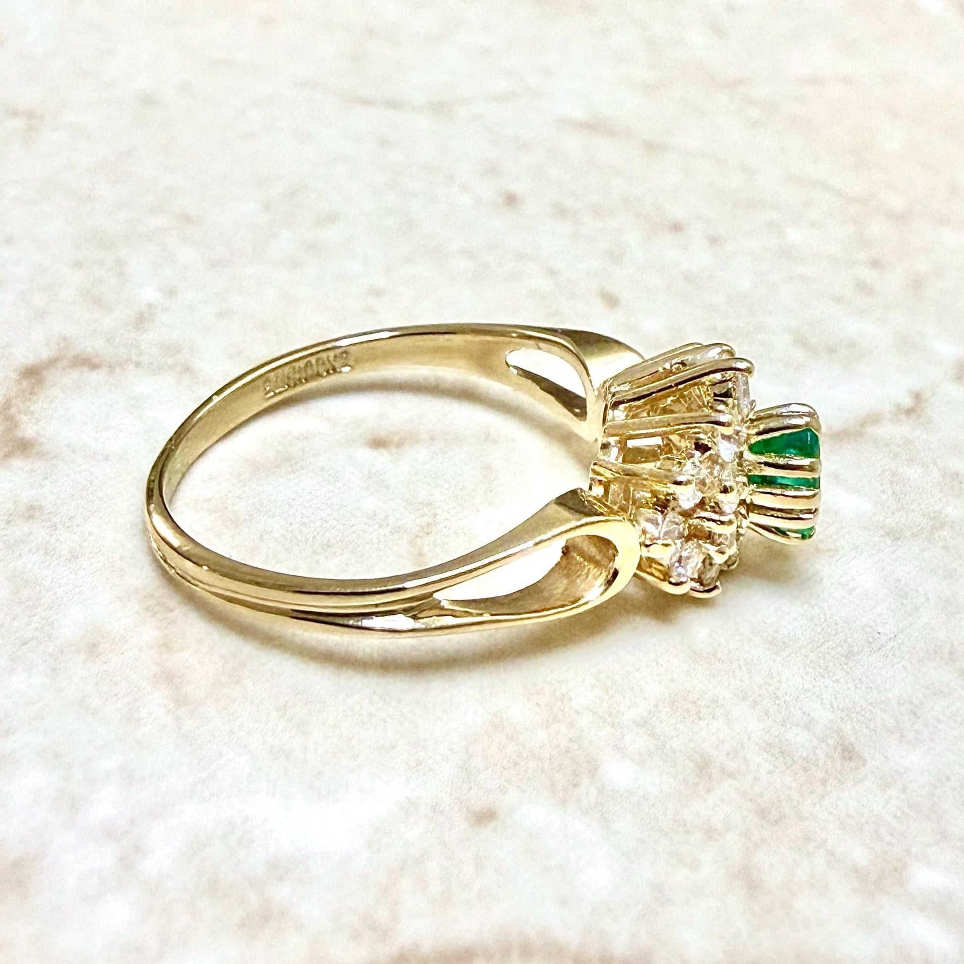 Fine Vintage 14K Yellow Gold Natural Emerald & Diamond Halo Ring - WeilJewelry