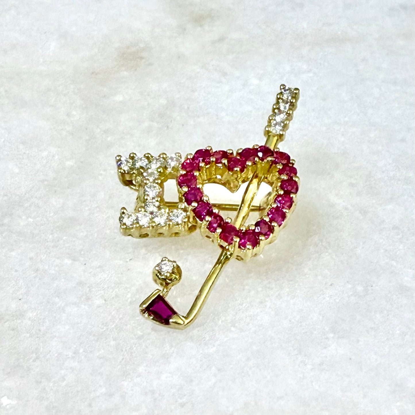 Fine Vintage 18 Karat Yellow Gold Ruby & Diamond “I Love Golf “ Brooch Pin - WeilJewelry