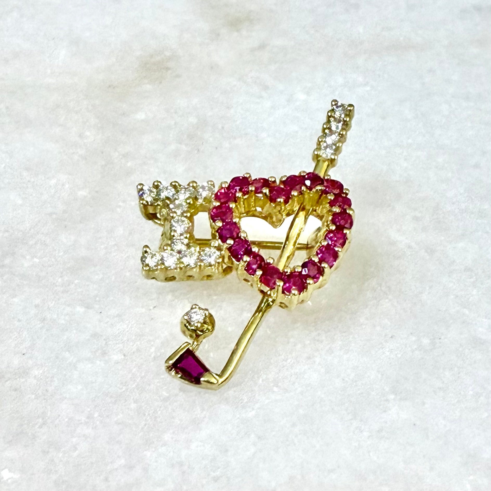 Fine Vintage 18 Karat Yellow Gold Ruby & Diamond “I Love Golf “ Brooch Pin - WeilJewelry
