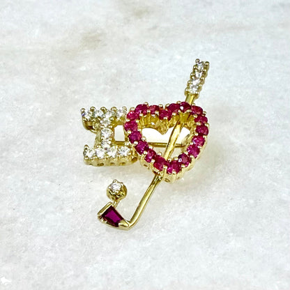 Fine Vintage 18 Karat Yellow Gold Ruby & Diamond “I Love Golf “ Brooch Pin - WeilJewelry