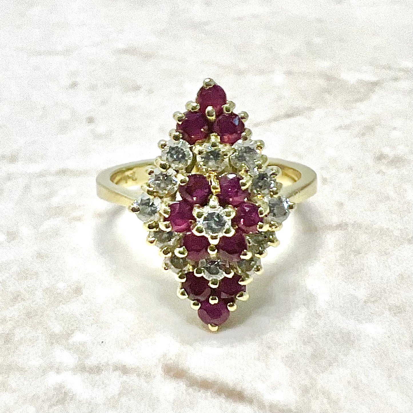 Fine Vintage 18 Karat Yellow Gold Ruby & Diamond Navette Ring - WeilJewelry