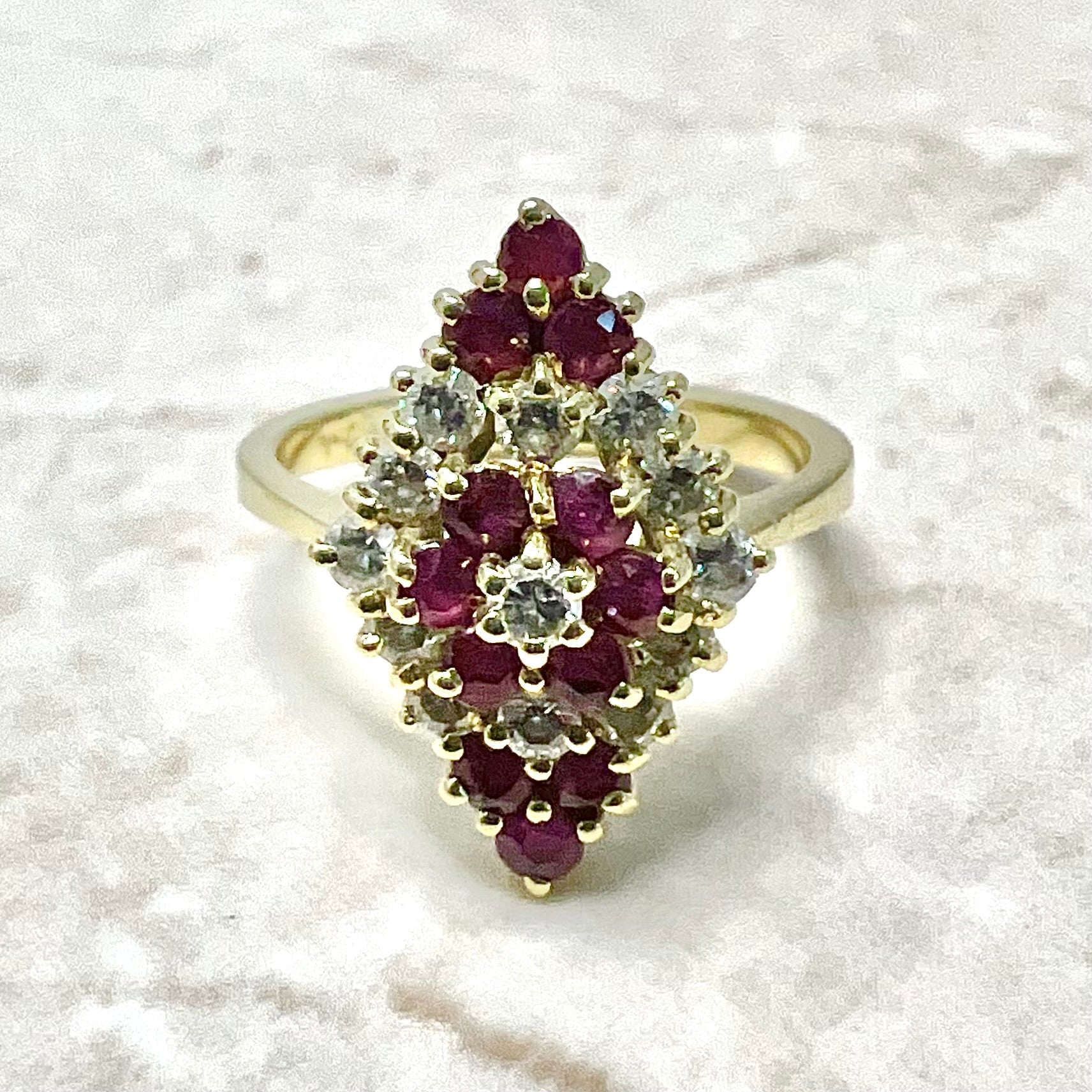 Fine Vintage 18 Karat Yellow Gold Ruby & Diamond Navette Ring - WeilJewelry