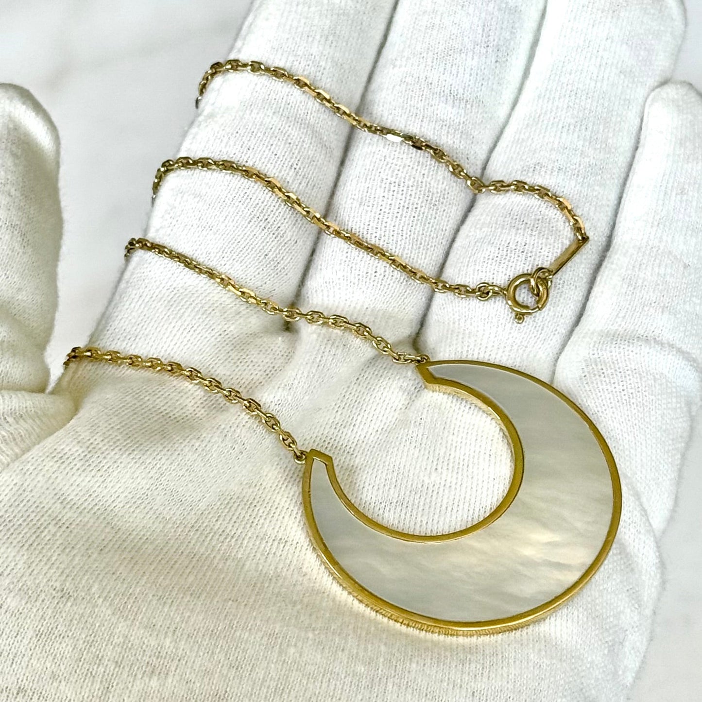 Handcrafted 18 Karat Yellow Gold Mother - Of - Pearl Crescent Pendant Necklace By Carvin French - WeilJewelry