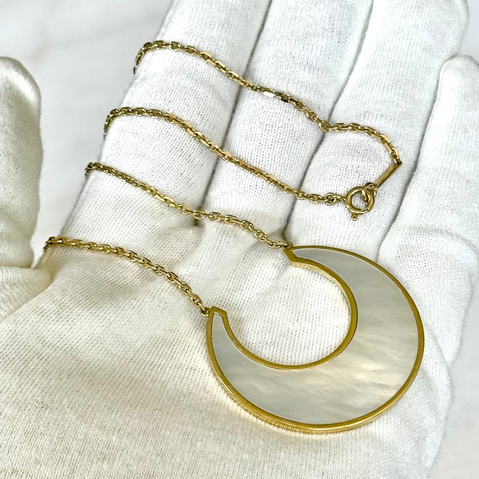 Handcrafted 18 Karat Yellow Gold Mother - Of - Pearl Crescent Pendant Necklace By Carvin French - WeilJewelry