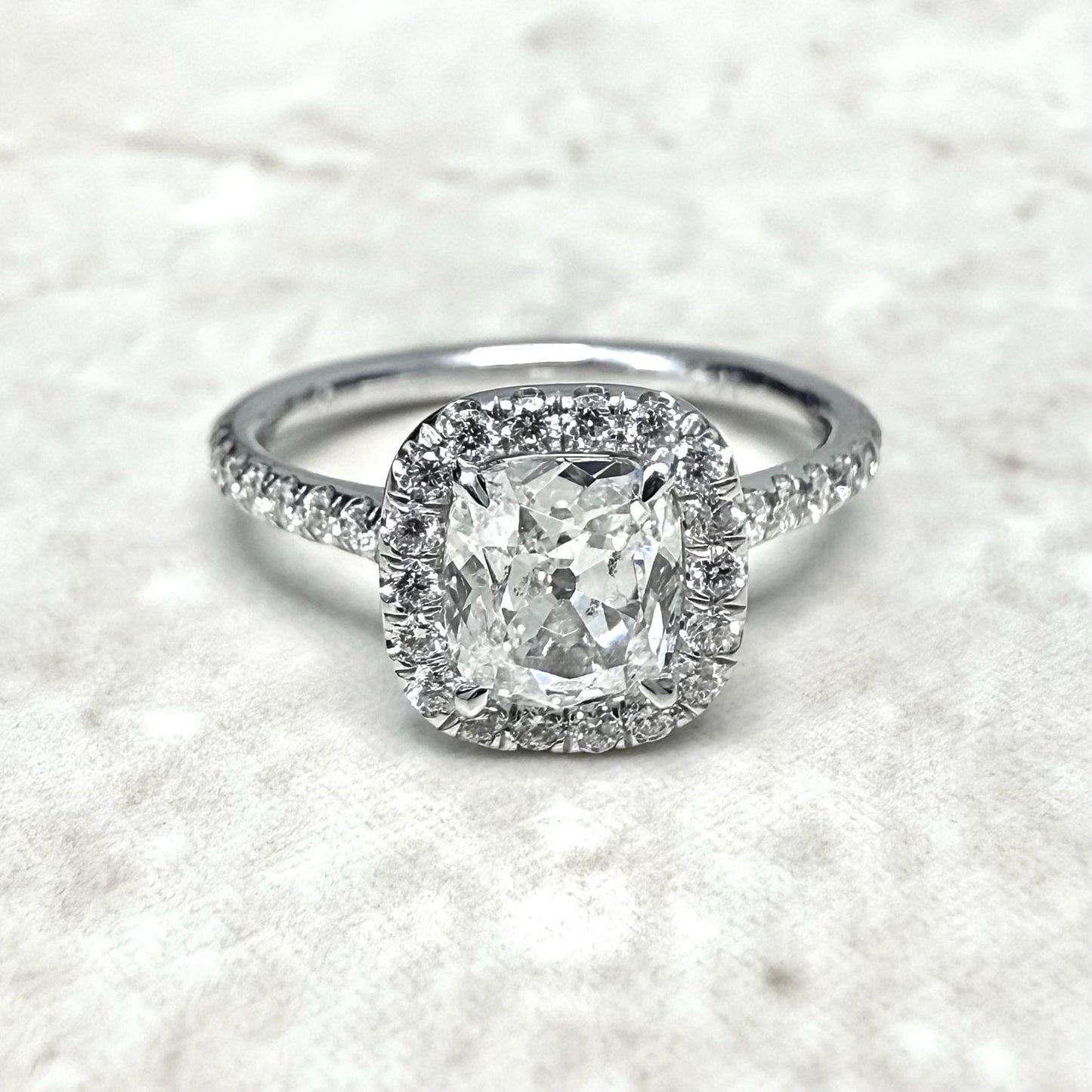 Handcrafted 18K White Gold 1.41 CTTW Antique Cushion Diamond Halo Engagement Ring - WeilJewelry