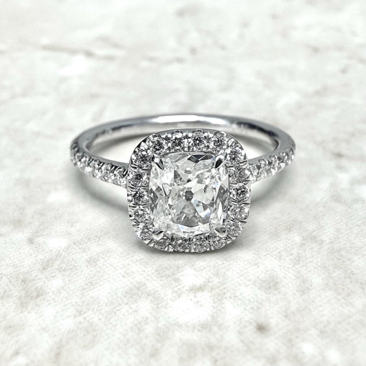 Handcrafted 18K White Gold 1.41 CTTW Antique Cushion Diamond Halo Engagement Ring - WeilJewelry
