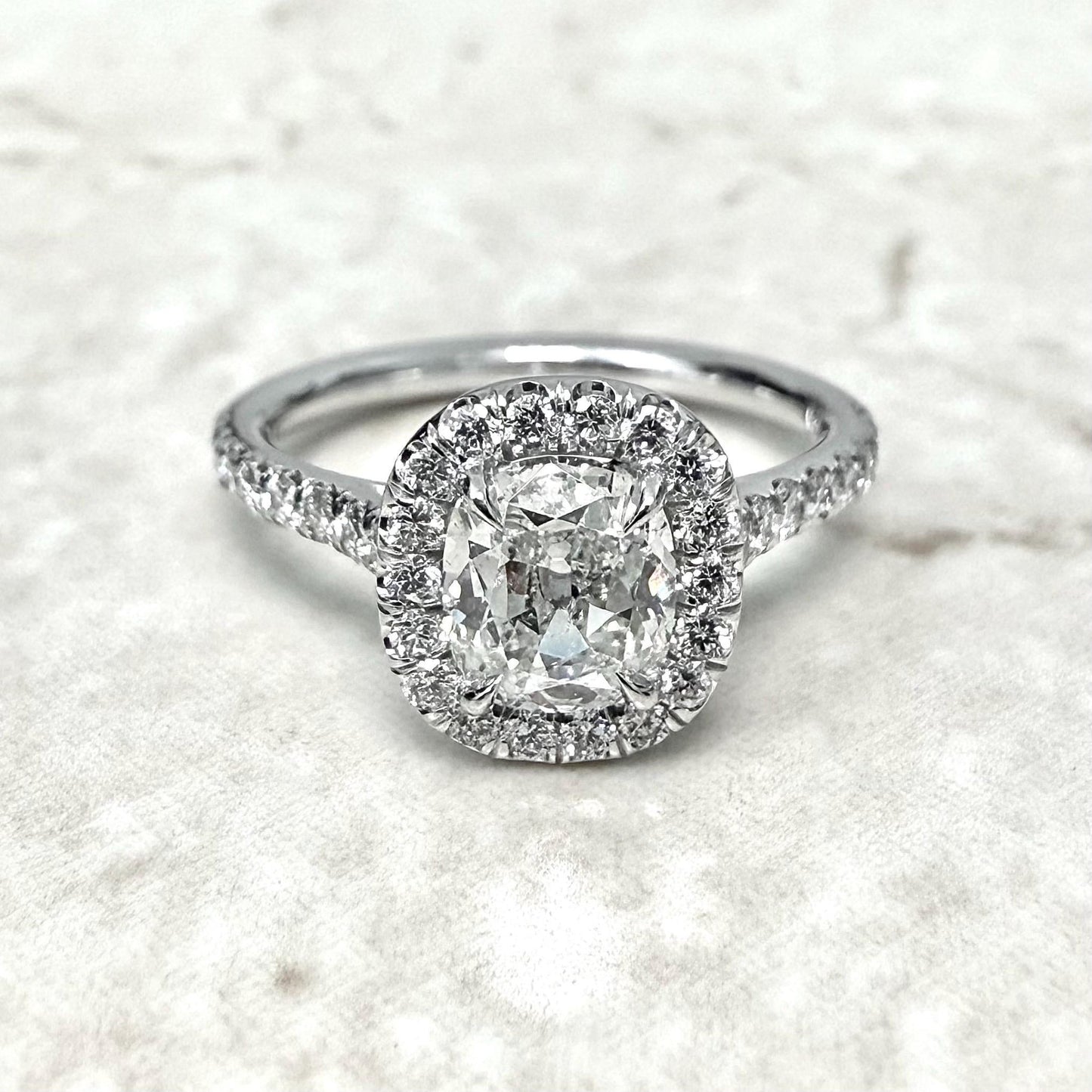 Handcrafted 18K White Gold 1.44 CTTW Antique Cushion Diamond Halo Engagement Ring - WeilJewelry
