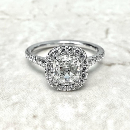 Handcrafted 18K White Gold 1.44 CTTW Antique Cushion Diamond Halo Engagement Ring - WeilJewelry