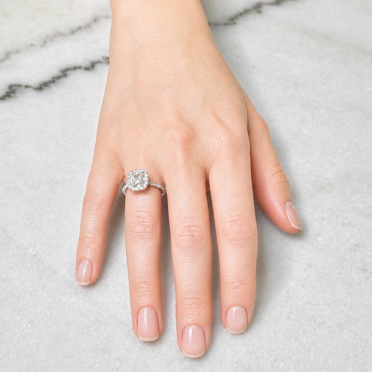 Handcrafted 18K White Gold Antique Cushion Diamond Halo Engagement Ring - WeilJewelry