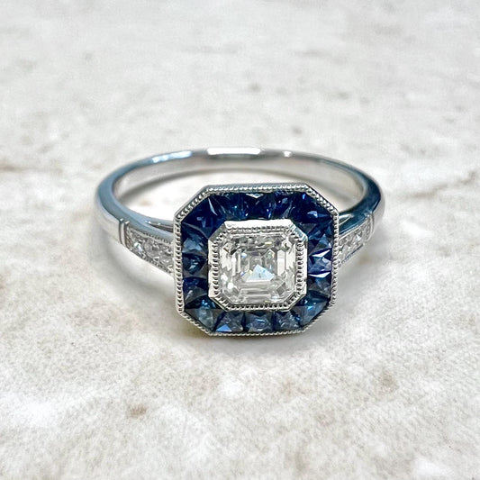 Handcrafted Platinum Art Deco Style Asscher Cut Diamond & Sapphire Halo Engagement Ring - WeilJewelry