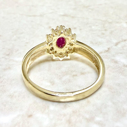 Vintage 14K Yellow Gold Natural Oval Ruby & Diamond Halo Ring - WeilJewelry