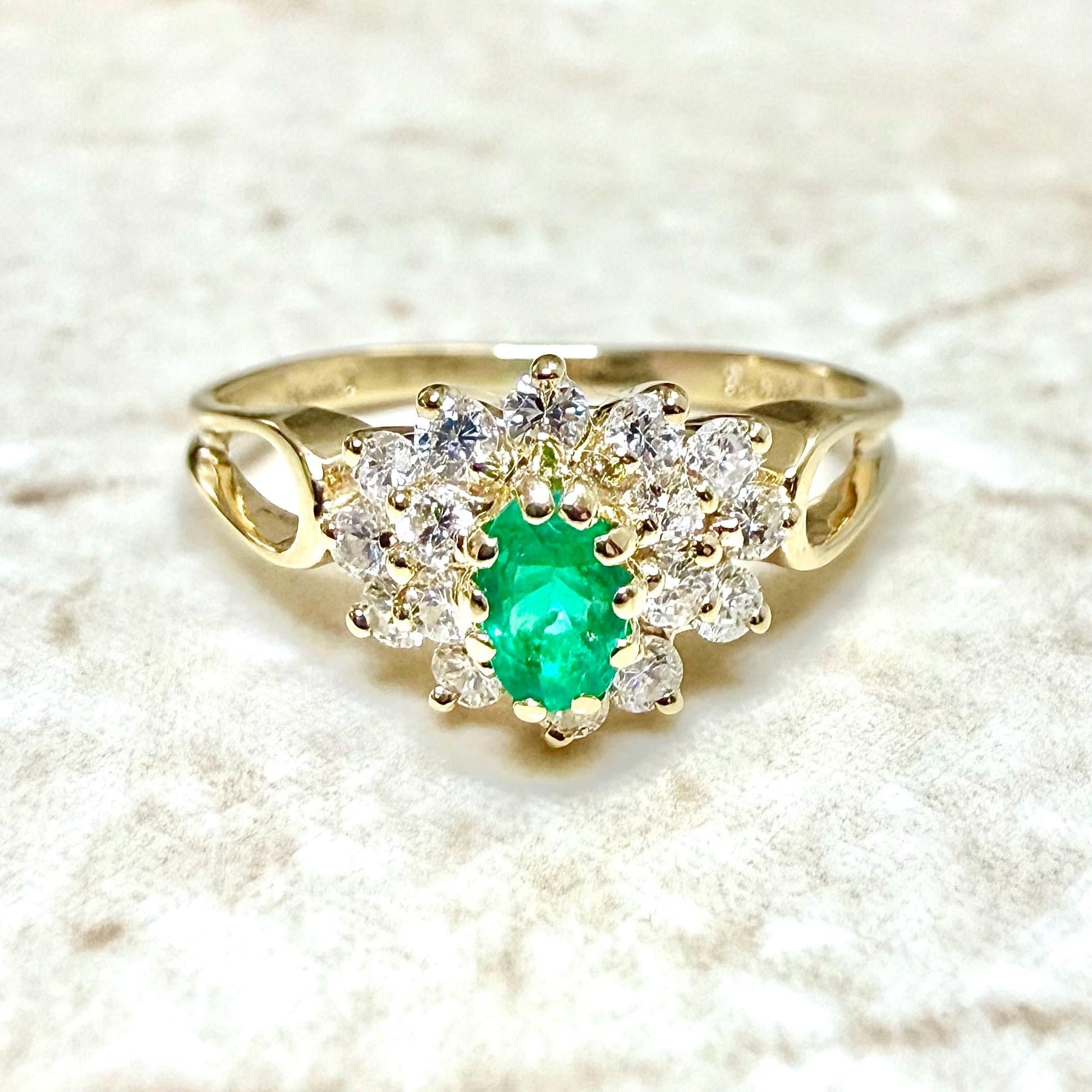 Fine Vintage 14K Yellow Gold Natural Emerald & Diamond Halo Ring - WeilJewelry
