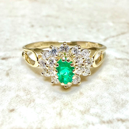 Fine Vintage 14K Yellow Gold Natural Emerald & Diamond Halo Ring - WeilJewelry