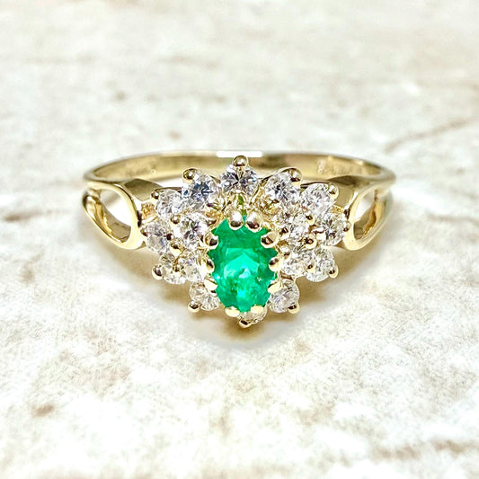 Fine Vintage 14K Yellow Gold Natural Emerald & Diamond Halo Ring - WeilJewelry