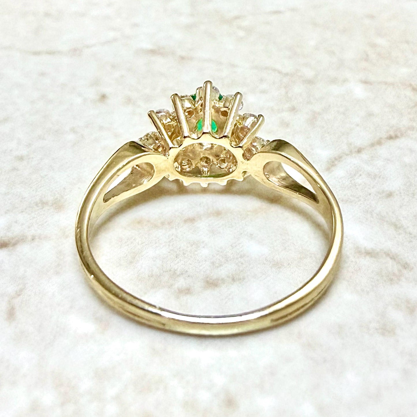 Fine Vintage 14K Yellow Gold Natural Emerald & Diamond Halo Ring - WeilJewelry