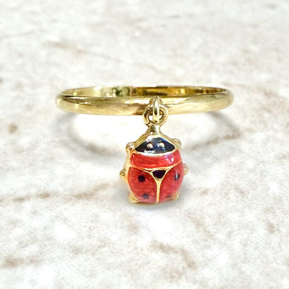 Vintage Italian 10K Yellow Gold Enamel Ladybug Charm Ring - WeilJewelry