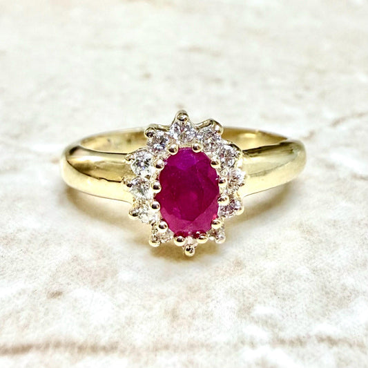 Vintage 14K Yellow Gold Natural Oval Ruby & Diamond Halo Ring - WeilJewelry