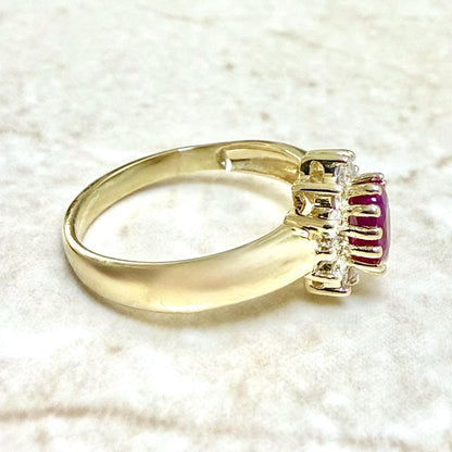 Vintage 14K Yellow Gold Natural Oval Ruby & Diamond Halo Ring - WeilJewelry