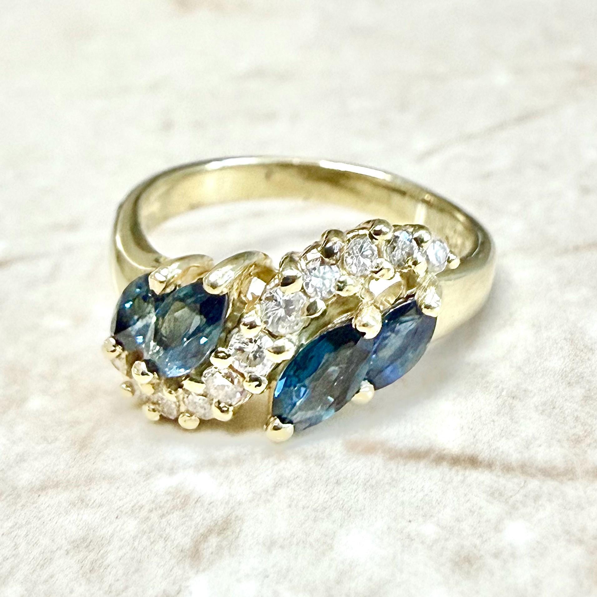 Vintage 14K Yellow Gold Natural Diamond & Blue Sapphire Ring - WeilJewelry