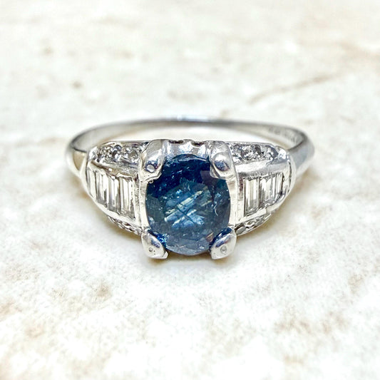 Vintage Mid-Century 900 Platinum Oval Sapphire & Diamond Ring - WeilJewelry