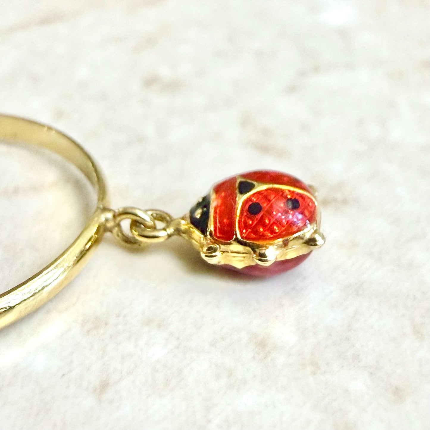Vintage Italian 10K Yellow Gold Enamel Ladybug Charm Ring - WeilJewelry