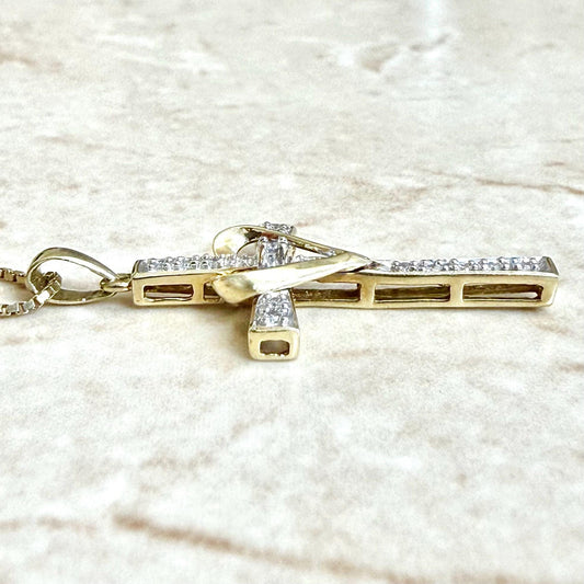 Vintage Solid 10K Yellow Gold Diamond Heart Cross Pendant Necklace - WeilJewelry