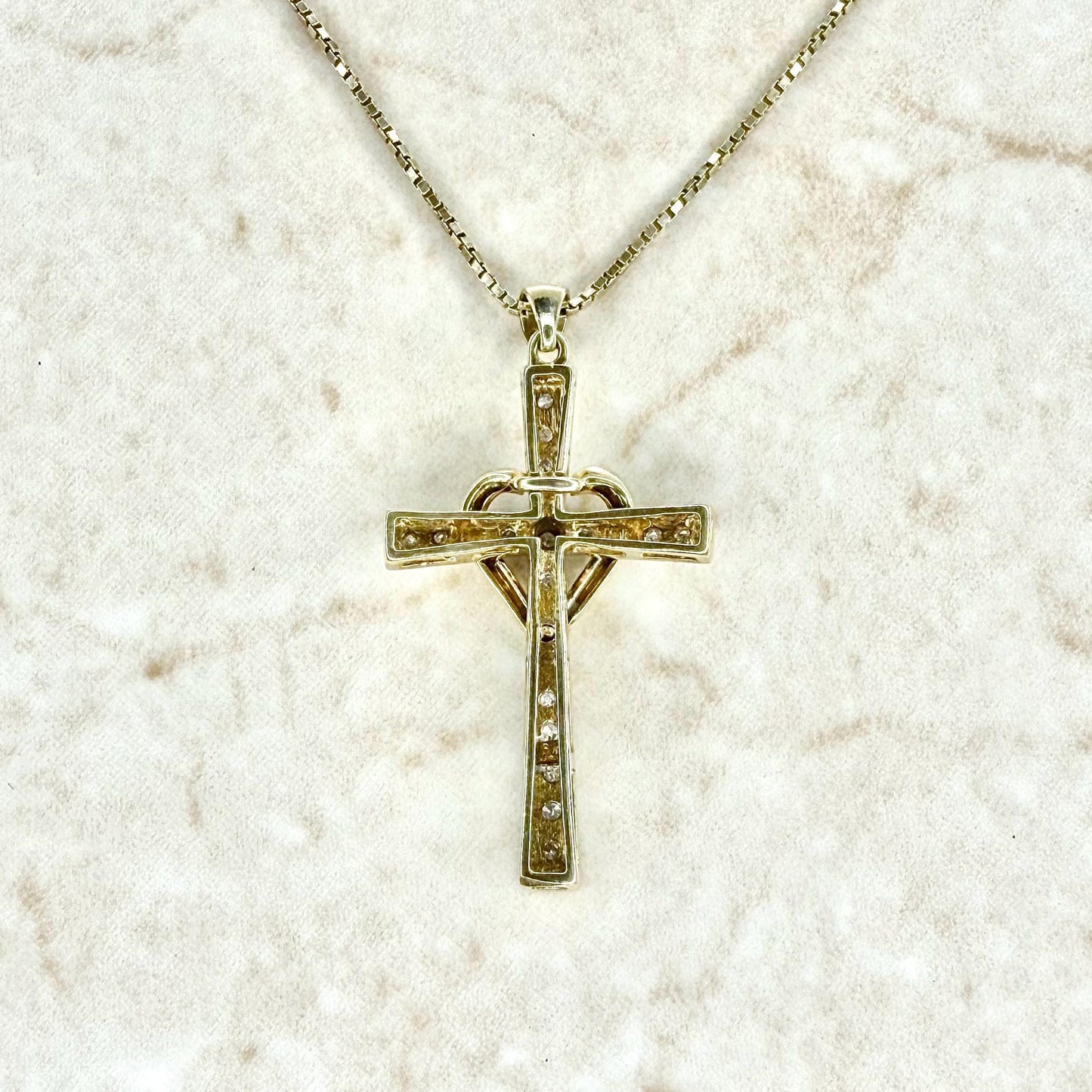 Vintage Solid 10K Yellow Gold Diamond Heart Cross Pendant Necklace - WeilJewelry